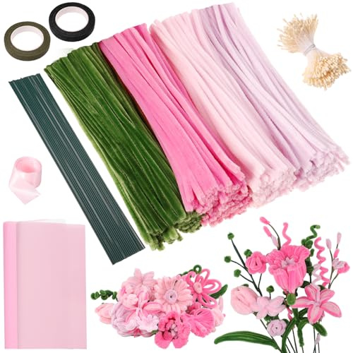 Camptrip 400 Stück Pfeifenreiniger Blumen Set, mit Staubgefäße, Blütenstiel, Blumenstraußverpackungen, Bänder und Klebeband, für Blumenstrauß DIY Dekoratione