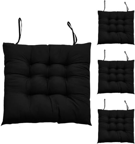 Hengrongshen 4 Pièces Coussins de Chaise d'Intérieur Noir, Coussin de Chaise 40 x 40, Coussin Chaise avec Liens, Coussin Chaise Exterieur pour Chaise de Bureau, Chaise d'Ordinateur, Chaise de Jardin