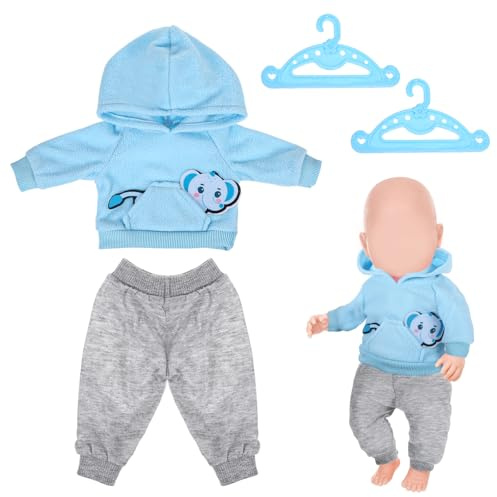 Baby Puppen Kleidung 43 cm-Puppenkleidung Set mit Elefanten-Hoodie +1 Graue Hose+1 Paar Weiße Socken+1 Kleiderbügel,Puppenzubehör für Baby Puppen(Blau)