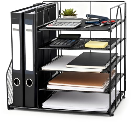 Esyhomi Desk Organiser with File Holder, 5-Tier Paper Tray Organiser, Mesh Desktop Storage with Magazine Holder for Books, Documents, A4 Files, Letter Magazine Tray for Home Office Supplies