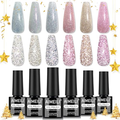AIMEILI Reflective Glitter Gel Nail Polish Set, 6 Colors Holographic Sparkle Diamond Nails Soak Off UV LED Gel Polish Manicure Art for Women - Kit 108