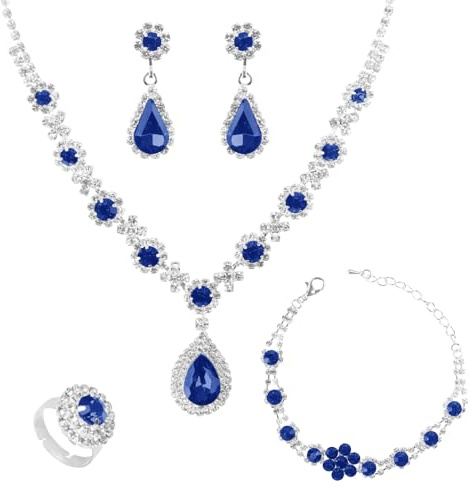 LjFrexia Hochzeit Schmuck-Set für Damen, 4 Stück Strass-Schmuck-Set, Kristall Edelstein Wassertropfen Halskette Ohrringe Armband Ring, Brautschmuck Set, für Hochzeits und Abendmode
