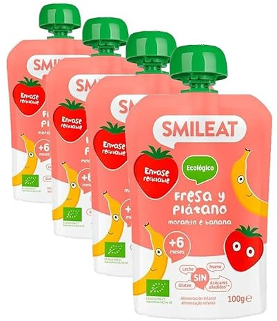 Smileat - Pouch de Frutas Ecológicas - Sin Sal ni Azúcar Añadido, Sin Gluten - Snack Práctico para Peques - Sabor a Fresa y Plátano (Paquete de 4)