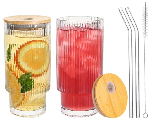 MRZIKPO Drinking Glasses with Lids and Glass Straw 2pcs Set,16oz Glass Tumbler Cups,Water Glasses,Iced Coffee Glasses,iced Tea Glasses,Ideal for Whiskey,1 Brushes