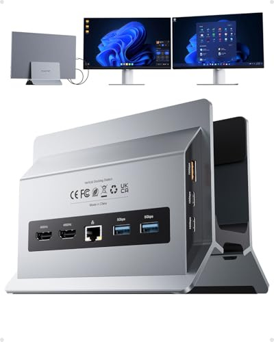 USB C Docking Station Doppio Monitor 4K@60Hz per casa e ufficio | PULWTOP Supporto Verticale per Laptop con 2xHDMI 4K 60Hz, USB A/C 10 Gbps, Ethernet, PD3.0-Grigio【Solo per laptop Windows】