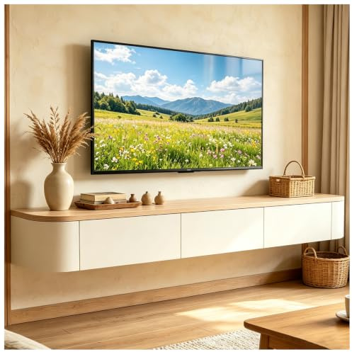 JUNFUNNLE TV Schrank 140cm Beige, TV Board Hängend, TV Lowboard mit 2 Schubladen 1 Klappen, Moderner Fernsehtisch mit Kabelmanagement, TV Tisch für Wohnzimmer und Esszimmer