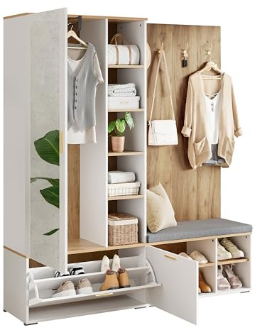 DRIXNO Garderoben-Set, Flurgarderobe mit Sitzbank und Spiegel, Garderobenset Wandgarderobe, Garderobenständer mit 4 Kleiderhaken, Schuhbank, Flurgarderoben Set, Natur und Weiß, 160x38x180 cm