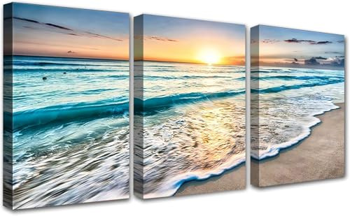 PIGPIGFLY Leinwandbilder Set 30x40cm mit Rahmen, Meer Strand Sonnenuntergang Wandbilder, Modern Bilder Wohnzimmer