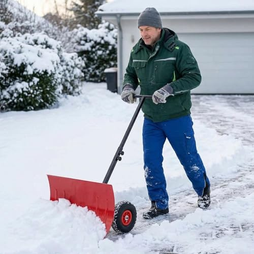 GarveeLife Hochleistungs-Schneeschieber mit Rädern – 74 cm Metall-Schaufel – 5-Fach Winkel- & höhenverstellbarer T-Griff – Ergonomischer Schneepflug für Einfahrt, Gehweg & Garage – Farbe: