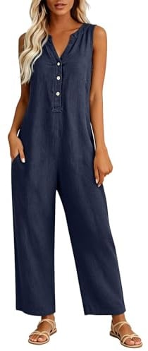 Jumpsuits for Women Summer Cotton and Linen Button Front Sleeveless Casual
