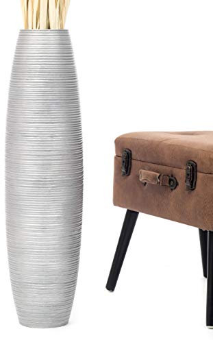 Leewadee Große Deko Bodenvase Für Dekozweige, Hohe Standvase Für Pampasgras, Design Holzvase, 70 cm, Silber