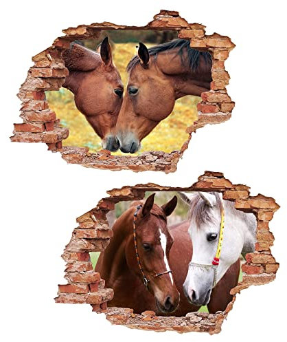 2Pcs Pferd Horse Schwarz Weiss Wandtattoo 3D Effekt XXL Wanddurchbruch Fenster Wandaufkleber für Junge Mädchen Kinderzimmer Groß 800mmx580mm V06