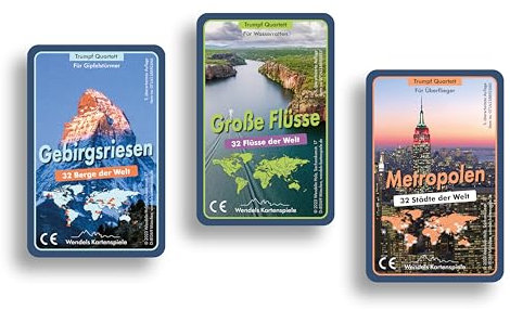 Wendels Kartenspiele 3er-Set: Berge, Flüsse und Städte Trumpf Quartett Spiel | Kleine Geschenke