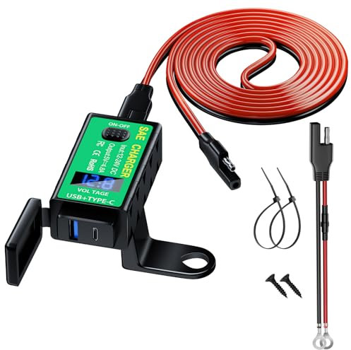 YONHAN Motorcycle USB Phone Charger 4.8A, SAE to USB Adapter with Voltmeter & ON/Off Switch, Dual Port Fast Charging 3 Install Options Waterproof Quick Disconnect Plug for Smart Phone Tablet GPS
