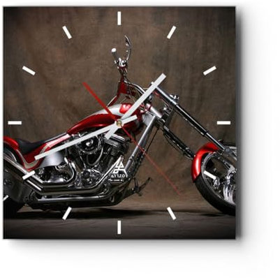 Modern Wanduhr Motorrad Chrom Räder 30x30cm Quadrat Klein Wand Uhr Glas Analog Zimmeruhren Küche Büro Wohnzimmer Glasuhr Wall Clock Dekoration Design Wanddekoration Küchenuhr C3AC30x30-0172