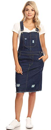 Anna-Kaci Junior Womens Distressed Denim Adjustable Strap Overall Dress, Indigo, Large