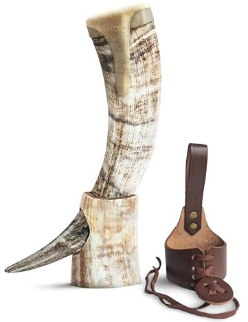 Norse Tradesman Original 50 cmOchsenhorn Wikinger Trinkhorn Mit Hornständer Und Messingrand Klassiker Mittelalter Bierkrug Für Herren Met Horn Trinken (Messingfelge, Niedrig poliert)
