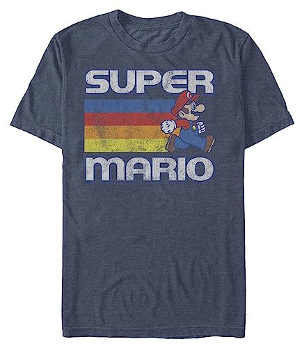 Nintendo Men's Super Mario Running Retro Stripe T Shirt, Navy Blue Heather, L UK