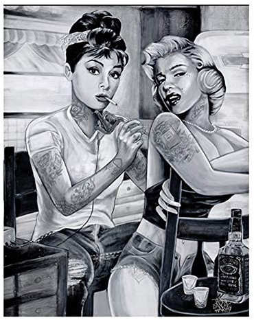 Schwarz Weiß Marilyn Monroe Und Audrey Hepburn Portrait Leinwand-Malerei Wandkunst Tattoo Rauchen Frauen Poster Und Drucke Wohnkultur Bilder Für Schlafzimmer, Wohnzimmer, Rahmenlos,60×80cm