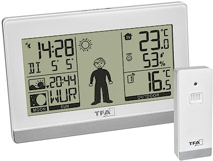 TFA Dostmann Digitale Wetterstation Weather Boy, 35.1159.02, Funk, mit Außensensor, Innen-und Außentemperatur, Mondphase, weiß, L 145x B 39 x H 97 mm