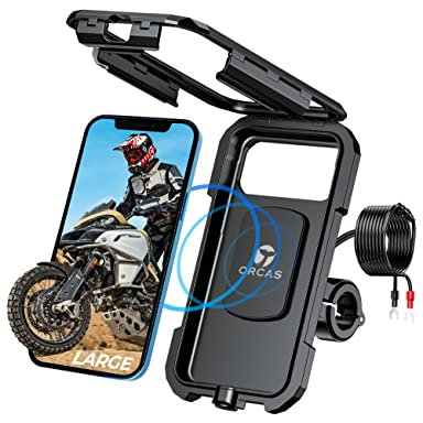 ORCAS TECHNOLOGY Motorbike Phone Holder Waterproof with Wireless Charger - Type-C USB Charging Motorcycle Mount for Handlebar and Mirror, Compatible up to 7 inches Phones with Qi Fast Charging