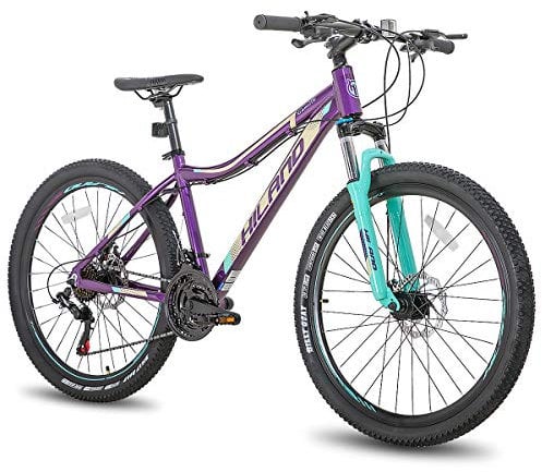 Hiland 27,5 Zoll Mountainbike für Frauen, 21-Gang mit Lock-Out-Federgabel, Dual-Scheibenbremsen, Aluminium-Rahmen MTB, Erwachsene Damen Damen Fahrrad Herrenfahrrad, Violett
