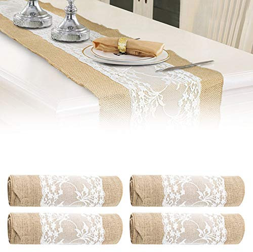 Tischläufer Jute Tischband mit Spitze, Tischläufer aus Sackleinen für Hochzeitsfest Event Event Tischdekoration 30 x 275cm (4 pcs)