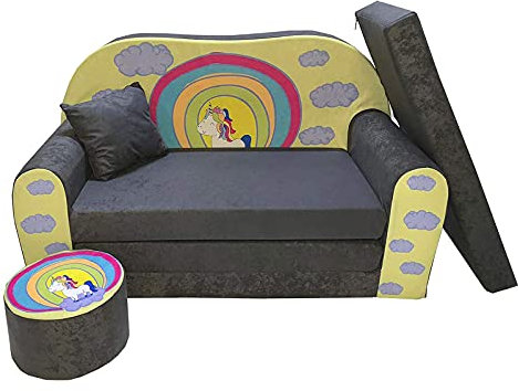 FORTISLINE - Kindersofa ausklappbar 100x60x50 cm - Kindersofa für Kinder 2in1 - Kindercouch ausklappbar - 2-Sitzer - Schlafcouch aus Schaumstoff + Hocker + Kissen - Viele Motive