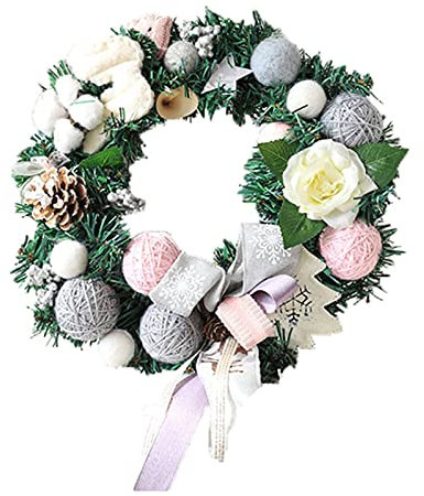 Daesar Holiday Wreath, Outdoor Wreaths Christmas 30CM Christmas Tree with Bowknot and Flowers Front Door Wreaths Grey Pink