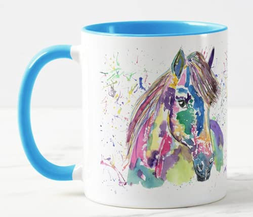 Vixar Tasse colorée à l'aquarelle de poney cheval animal de compagnie Arc-en-ciel Arc-en-ciel Cadeau d'anniversaire, travail, bureau, Noël, thé, café (L. bleu)