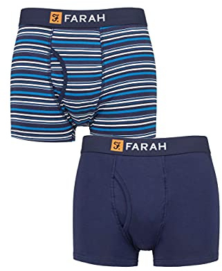 Farah Mens Classic Keyhole Trunks - Plain and Striped Designs, Soft Cotton in a Multipack Pack of 2 Sizes S,M,L,XL,XXL Navy/Blue XL