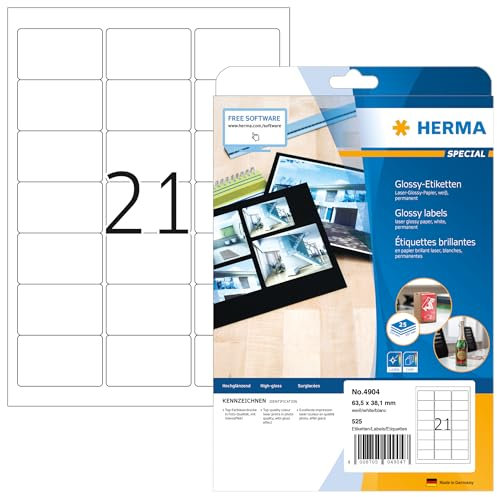 HERMA 4904 Hochglanz Etiketten, 800 Blatt, 63,5 x 38,1 mm, 21 pro A4 Bogen, 16800 Stück, selbstklebend, bedruckbar, glänzend, blanko Glossy Papier Klebeetiketten Aufkleber, weiß