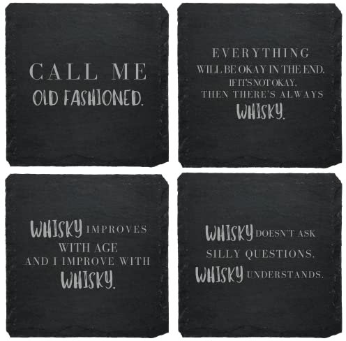 Schiefer Untersetzer Set (4 Stück) mit Whiskysprüchen - Whiskyuntersetzer aus Schiefer für Whiskyfans Geschenkidee Whiskyliebhaber