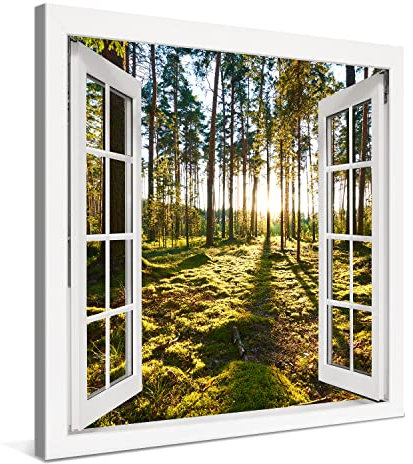 PICANOVA – Photo sur Toile Lever du Soleil dans la Forêt de Pins Fenêtre 80x80cm – Impression sur Toile Haut de Gamme – Image sur Toile pour Décoration Murale Moderne – La Collection Forêt