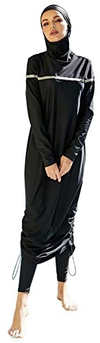 Conservative Damen-Bademode, Muslimische Bademode, bescheidener islamischer Bikini, Badeanzug, Strandmode Einfarbiges Langarm-Oberteil + Hose + Hijab Damen Badeanzug Dreiteiliges Set Schwarz06 L