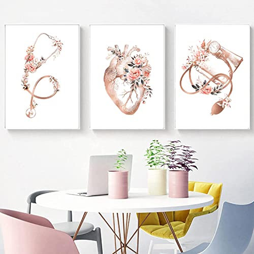 Pei-wall art Wandkunst, 3 Stück, 40 x 60 cm, Rahmenlos, medizinische Anatomie, Poster, Blumen, Herz, Stethoskop, EKG, kreative Wandkunst, Bilder, Krankenhaus, Heimdekoration