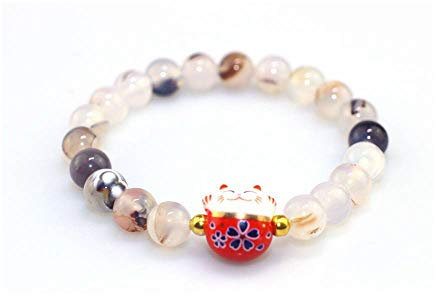 Générique Bracelet Japonais Maneki Neko (招き猫) Porte Bonheur Perles Naturelles (18 cm réglable) (Veiné Oeil de Tigre)