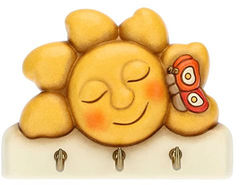THUN, Appendichiavi a 3 Ganci in Ceramica Decorata a Mano con Sole Splendente, Linea Estate Fantastica, 13x9,5x2,5 cm