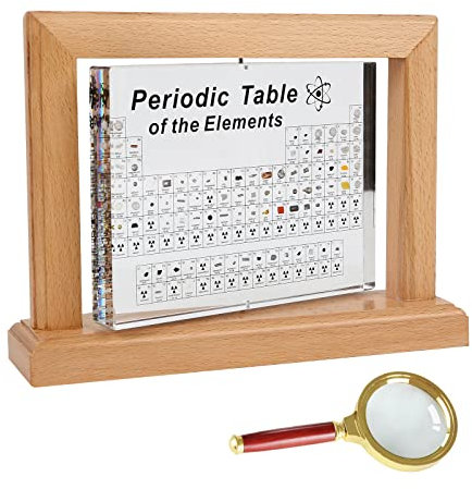 Periodensystem mit Echten Elemente, 21*16*5.5CM Acryl Periodic Table of 83 Elementen mit 360° Drehbarer Ständer Basis Anzeige, Chemie Elementen Studium Poster, Periodensystem Display Lehrwerkzeug