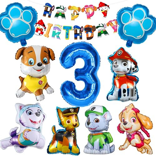 Geburtstag Luftballons Hund, 10 Stück Folienballons Tier Kit, XXL Zahl 3 Ballon Blau, 6 Geformte Hund Ballons, Hundepfote, für Theme Party Supplies, Kindergeburtstag Deko
