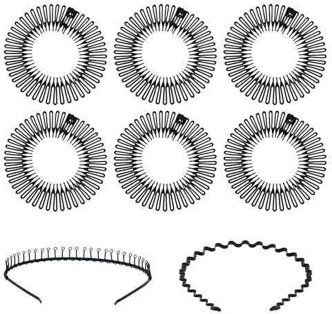 6er-Pack elastische Kamm-Haarbänder für Damen mit 2 Stück Stirnbändern, Zickzack-Haarbänder, runde elastische Haarkämme aus Harz, Haarkamm-Kopfbänder (schwarz)