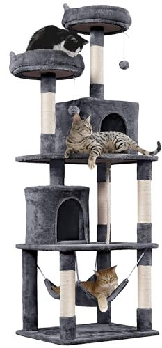 Yaheetech Kratzbaum groß, 179 cm Kartzenbaum Katzenkratzbaum, mit 2 Katzenhäusern und 2 Plattformen, Sisal Katzenmöbel stabil, Dunkelgrau