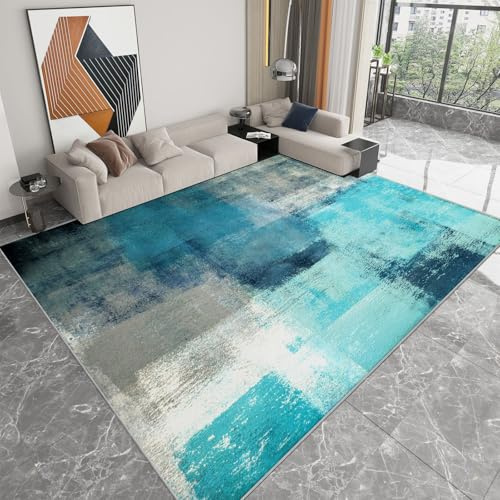 WHUOEUCO Moderner Teppich Wohnzimmer 140x200 cm, Türkis Blau Grau Abstrakte Kunst Malerei, Kurzflor Teppich Weich Waschbar Anti-Rutsch Teppiche für Esszimmer Schlafzimmer Kinderzimmer