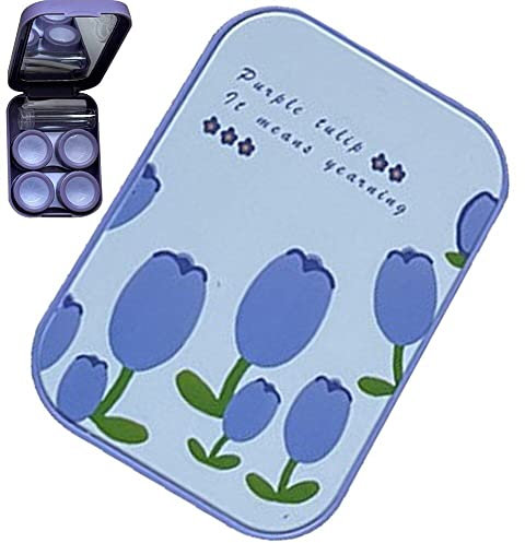 Fituenly Contact Lens Cases Travel Contact Lens Holder Blue Pink Purple Portable Kit Case with Two Solution Bottle Tweezers Wearing Stick