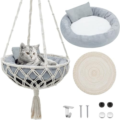 Juexica Makramee-Katzen-Hängematte, inkl. Hängematte für Kätzchen, Kratzkissen, Schaukelbett für kleine Katzen, kleine Hunde (111,9 x 39,9 cm, frischer Stil), 3 Stück
