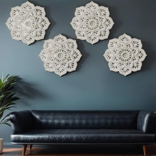 MARRAKESCH 4er Set Boho Ramadan Deko Wanddeko Wanddeko aus Holz 40cm gross Ornament Amila weiss als Orientalische Wandbild Dekoration