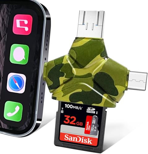 JOZDAUP SD/Micro-SD-Kartenleser für iPhone/iPad/Android/Mac/Computer/Kamera, kompatibel mit Trail-Kamera-Viewer und TF-Karten, 4-in-1-Dreieck-Speicherkartenleser, Plug-and-Play, keine App erforderlich