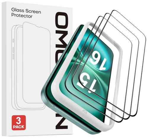 OMOTON [Full Screen für iPhone 16 Panzer Schutz Glas, 9H Härte Schutzfolie Folie kompatibel mit iPhone 16/15, mit Rahmen-Installationshilfe, Anti- Kratzer, 3 Stück