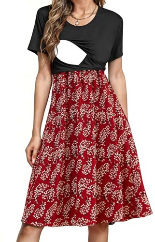 PARNIXS Damen Stillkleid Sommer Kurzarm Patchwork Schwangerschaft Kleidung mit Taschen, Muster 03, XX-Large