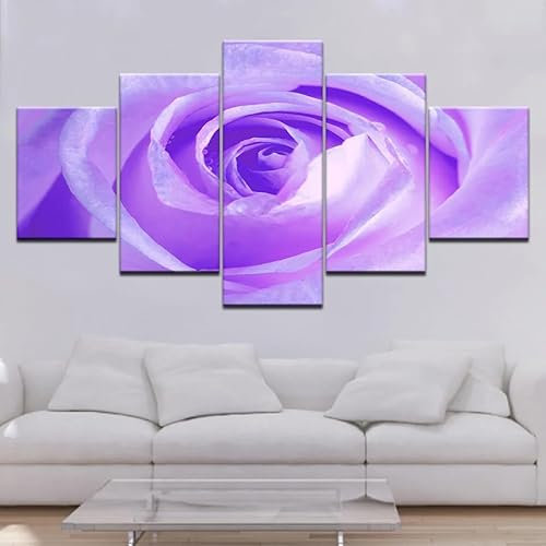 WAGYU Kunstdrucke 5 Teilig Bilder Leinwand,leinwandbilder 5 teilig wohnzimmer dekoration,5 Teilig Wanddekoration Lila Rosenblume,Bild Bilder auf Leinwand 5 teilig Poster,wandbild xxl 100x55cm